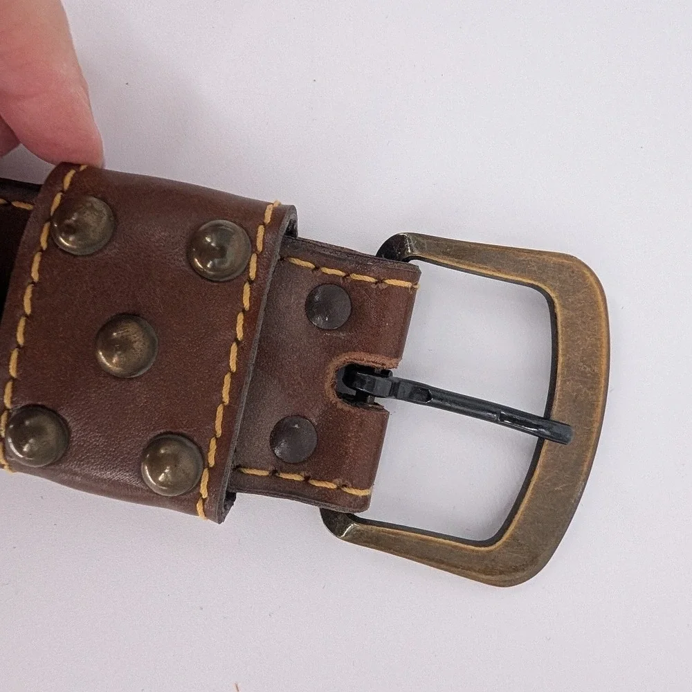 VTG Studded Leather Belt Men 40 Brown Brass Buckle Western Rustic‎ Cowboy Moto